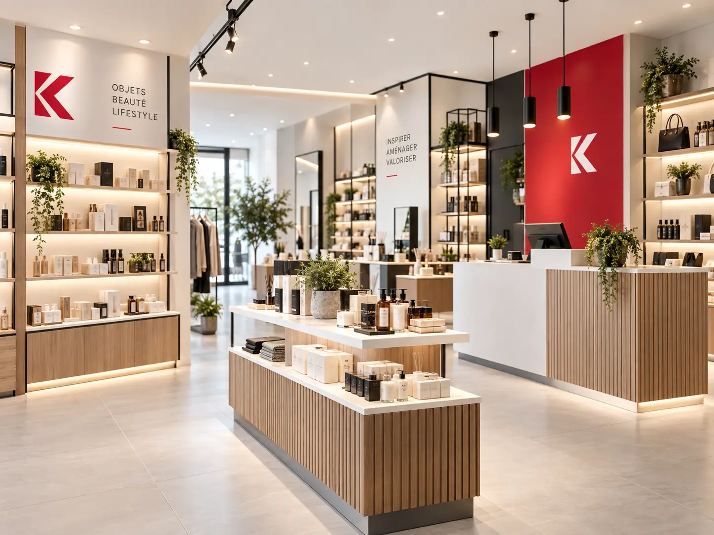 Boutique avec table centrale et étagères bois