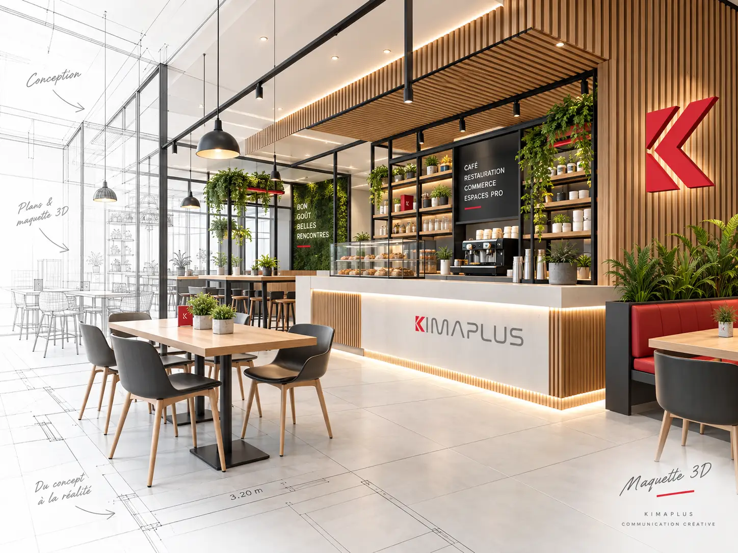Rendu du café avec comptoir bois et verrière