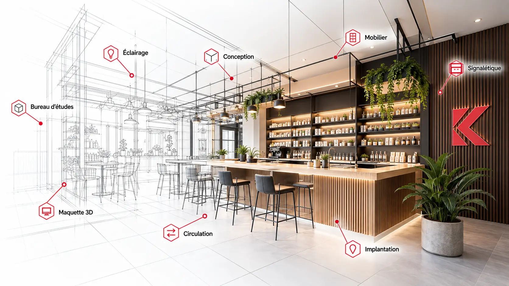 Un café dessiné en perspective filaire qui se transforme progressivement en espace réalisé : comptoir en bois, étagères éclairées, suspensions