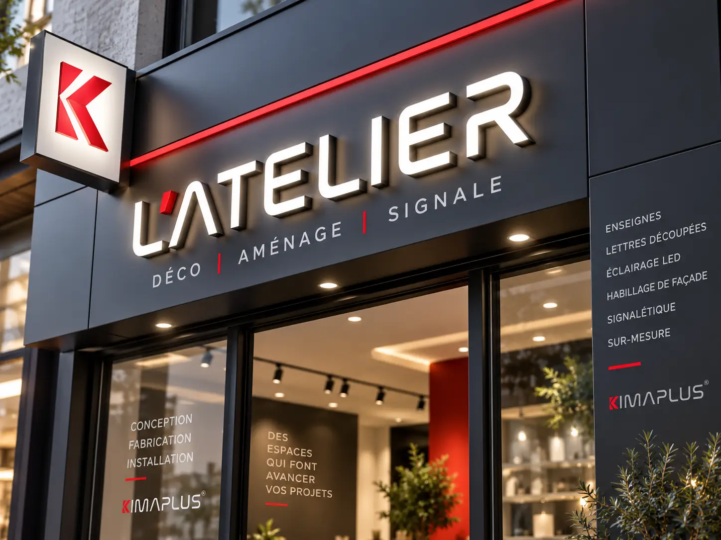 Façade de commerce avec enseigne en lettres lumineuses, caisson drapeau et vitrophanie