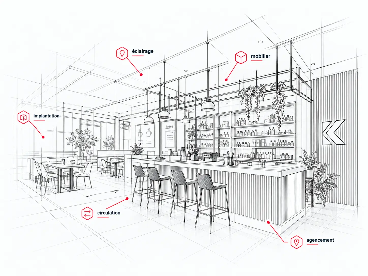 Perspective filaire d’un café annotée : implantation, éclairage, mobilier, circulation, agencement