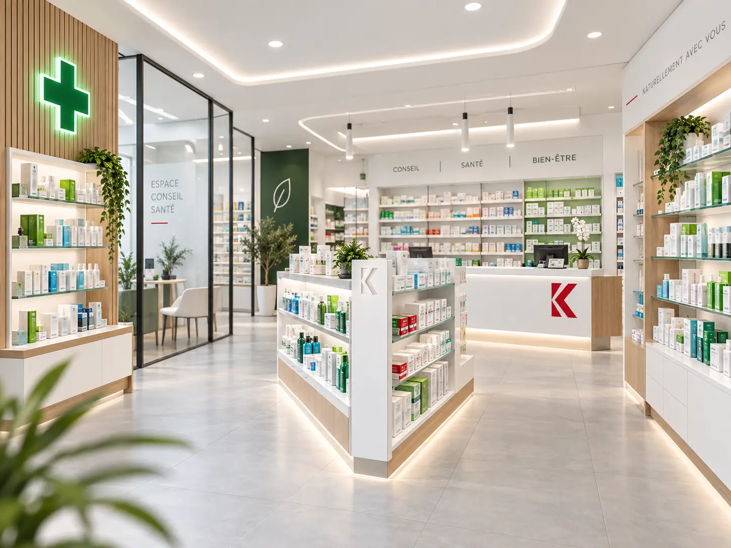 Pharmacie moderne avec linéaires lumineux, îlot central et espace conseil vitré