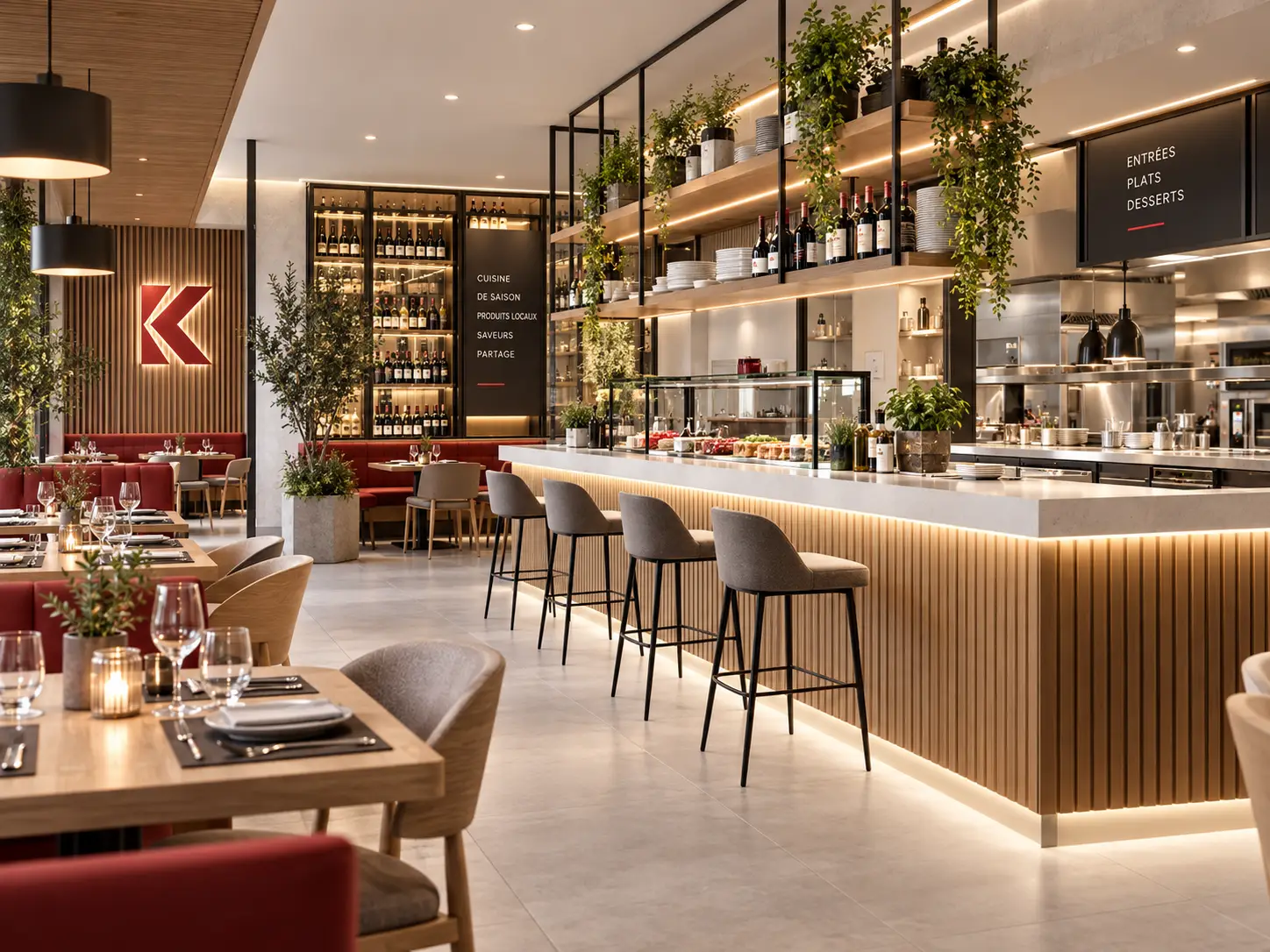 Restaurant contemporain avec comptoir en bois, salle et cuisine ouverte