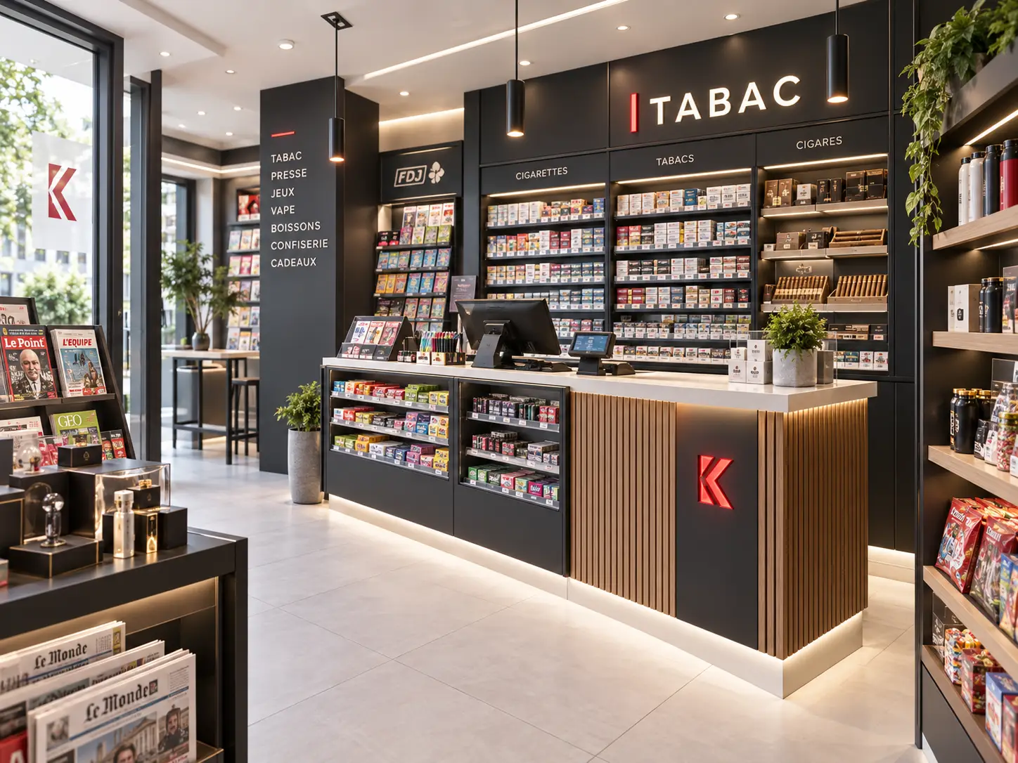 Tabac-presse moderne avec comptoir bois et noir et linéaires produits